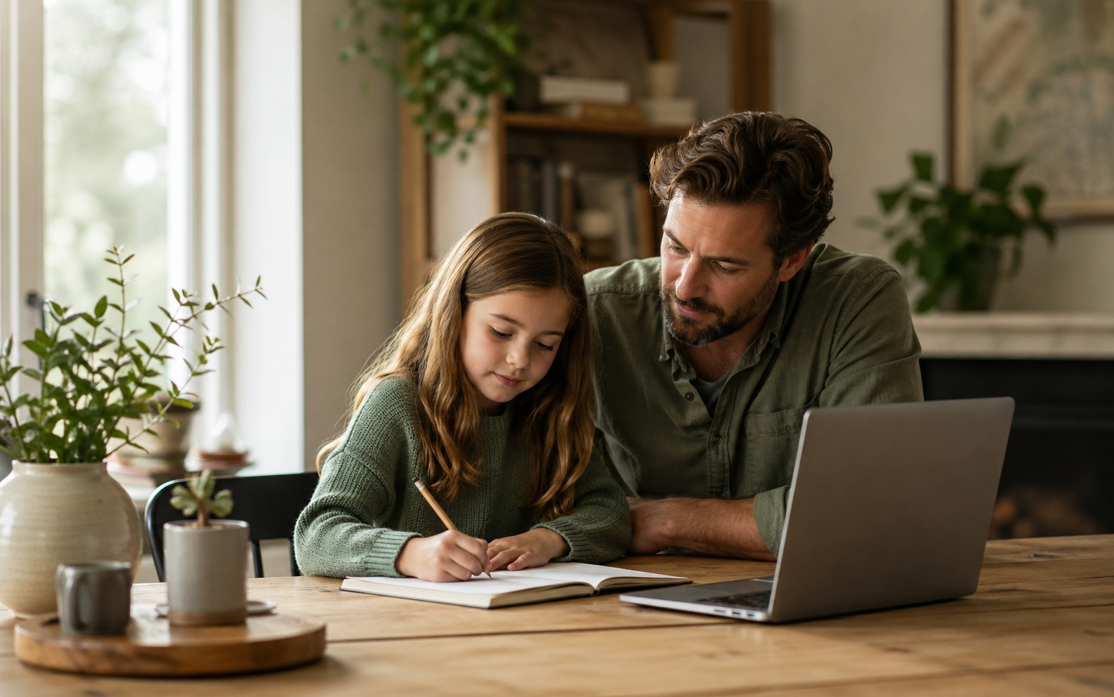Parent and child learning together at a homeschool table